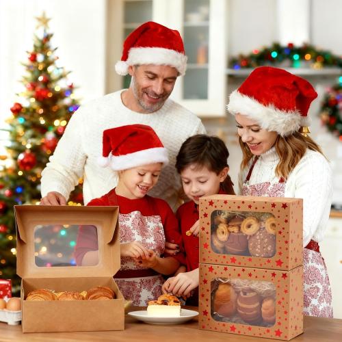 24 Pack Brown Cookie Boxes, 9x6x3Inch Red Star Baking Boxes for Gift Giving,Kraft Boxes with Window,Holiday Treat Boxes for Pastry,Cookie Tin Containers Box for Baked Goods Packaging