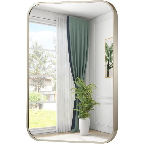 Brushed Nickel Bathroom Mirror, Framed Rectangle Mirror with Rounded Corner, Brushed Mirror, Silver Bathroom Mirror for Over Sink, Vanity, Living Room, Bedroom, Horizontal/Vertical