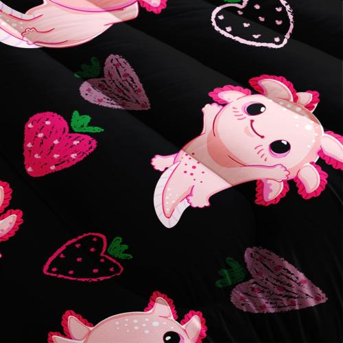 Cute Axolotl Bedding Set Twin Size,Pink Axolotl Strawberry Printed Comforter Sets Aesthetic Bedding for Kids Girls,Beach Coastal Animal Themed Comforter Sets with 2 Pillowcases.