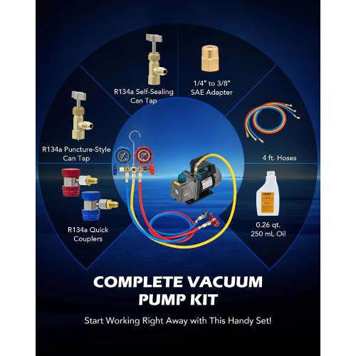 Orion Motor Tech AC Vacuum Pump and Gauge Set, 1/4 hp 3.5 cfm Vacuum Pump Manifold Gauge Kit with 3 Hoses Adapters & Accessories for R134a R12 R22 R502, A/C Vacuum Pump Kit for Auto HVAC Systems