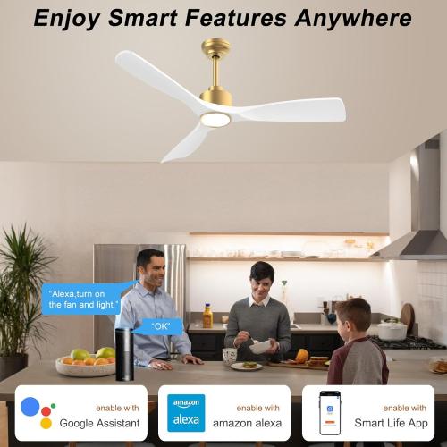 OFANTOP 52 Inch ETL Listed Indoor Outdoor Smart Ceiling Fans with Lights Remote Control, Quiet DC Motor 3 Blade Modern White Gold Ceiling Fan for Bedroom Living Room Patio