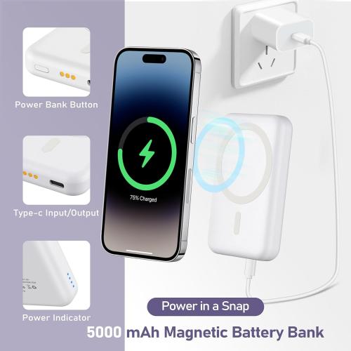 3 in 1 Wireless Charging Station: 5000mAh Removable Power Bank Charger Stand for Phone/Watch/Air Pods - Portable Magnetic Battery Pack for Air 17 16 15 14 13 12 Series White