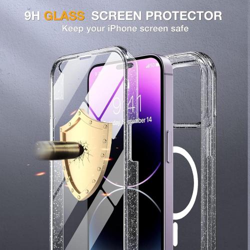 Miracase Magnetic for iPhone 14 Pro Max Case 6.7 inch, (Compatible with MagSafe) Upgrade Full-Body Clear Phone Bumper Case with Built-in 9H Tempered Glass Screen Protector, Magnetic Glitter Clear