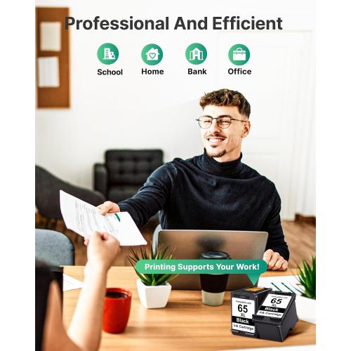 65XL 65 XL for HP 65 Black Ink Cartridge (2-Black) 65XL Ink Cartridge for HP Printers Envy 5000 5055 5058 5052 5014 DeskJet 3755 3772 3720 2622 2680 DeskJet 3720 Printer