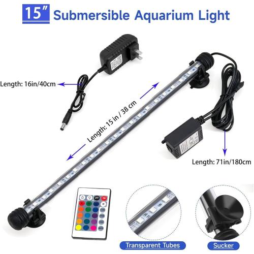 15 inch RGB Aquarium Lights, Underwater Fish Tank Lights IP68 Waterproof Color Changing Adjustable Memory Submersible Remote Control Aquarium Tank Sucker Hood Strip Waterfall Lights