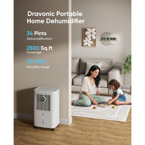 34 Pint Dehumidifiers for Home, Basement, Bedroom, Bathroom, 2500 Sq.ft Dehumidifier with Drain Hose, Smart Humidity Control & Display, 3 Operation Modes, 24H Timer, Child Lock (White)