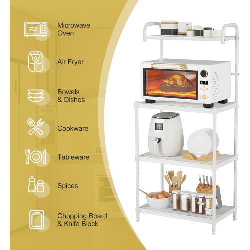 4-Tier Microwave Oven Stand, Kitchen Storage Rack with Mesh Wire Metal Shelves, Free Standing Shelving Utility Unit,Bakers Rack for Kitchen with Storage,Microwave Cart Storage Rack (White)