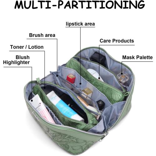 BOYATU Travel Makeup Bags Cosmetic Organizer Bag: 3-Set Large Capacity Make up Bag - PU Leather Toiletry Bags for Women - Wide Open Portable Pouch with Divider & Handle (03-Green-2)
