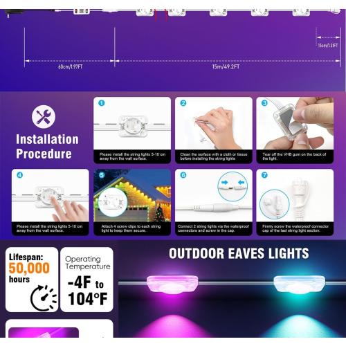 Bluetooth Permanent Outdoor RGB Intelligent Colorful Eaves led Lights,App and Remote Control,DIY Scene Modes,Waterproof,for Christmas,House Decorations,100ft. (EU)
