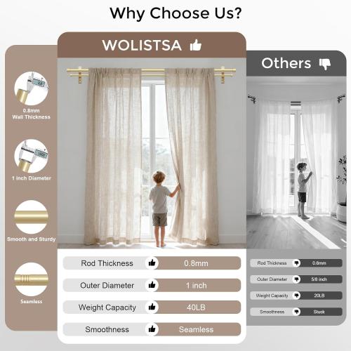 Gold Double Curtain Rod, Dual Curtain Rods with Aluminium Modern End Cap Finials Adjustable Heavy Duty Window Treatment Rods, Telescopic Metal Double Drapery Pole Set