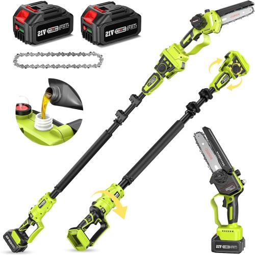 2-IN-1 Cordless Pole Saw & Mini Chainsaw w/ Brushless Motor, 2*4.0Ah Battery Powered 6 Electric Telescoping Pole chainsaw 15 Ft Max Reach, Adjustable Head Pole Saw for Tree Trimming Pruning
