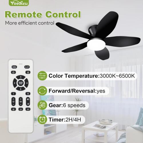 Ceiling Fans with Lights - 35 Inch Small Low Profile Ceiling Fan and Remote,Flush Mount Ceiling Fan with 5 Reversible Blades 6 Wind Speeds, Black Modern Ceiling Fans for Bedroom Kitchen