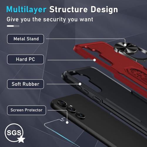 Compatible with Samsung Galaxy S24/S25 Case with Screen Protector Tempered Glass,Heavy Duty Shockproof Full Body Phone Cover Built in Metal Ring Holder Kickstand,2025 Red