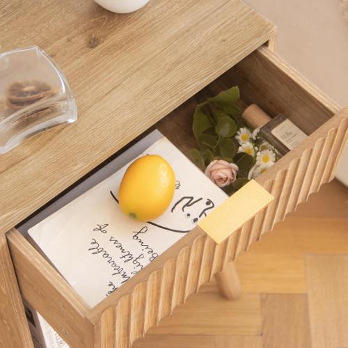 Wood Nightstand with Charging Station, Bedside Table with Fluted Drawers and Outlet, Boho Night Stand for Bedroom, Living Room, Office (Rustic Walnut)