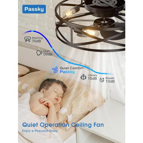 Black 20 Fandelier Ceiling Fan with Light, Caged Bladeless Ceiling Fans with Remote, Farmhouse Flush Mount Fan for Bedroom, Kitchen, Living Room, Black
