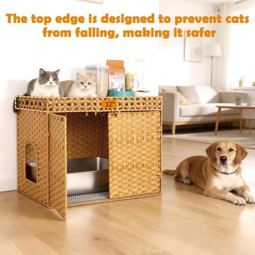 SZEE Cat Litter Box Enclosure Furniture, Hidden Litter Box with Mat, Handwoven Rattan Cat Houses for Indoor/Outdoor Cats, Large Litter Box Enclosure with 12” Edge for Living Room/Bedroom/Washroom