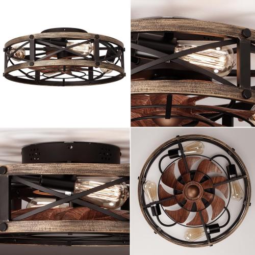 19 Farmhouse Flush Mount Caged Ceiling Fans with Lights, 6 Speeds, Rustic Low Profile Ceiling Fan with Light and Remote, Small Bladeless Ceiling Fans with Lights for Kitchen, Bedroom - ETL