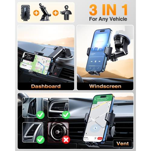VANMASS 2025 Upgraded Car Phone Holder, [85 LBS Strongest Suction] Patent Safety Cell Phone Mount Windshield Dashboard Vent Truck Accessories Stand Cradle for iPhone 17 Pro Max 16 15 14 13 Android
