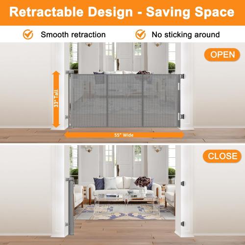 Size 55 Color Grey Reinforced No Drill Retractable Baby Gates for Dogs No Drilling Mesh Dog Gate with Support Rod to Prevent Crawling Underneath, 55 Wide Retractable Dog Gate for Stairs No Drilling Retractable Pet Gate