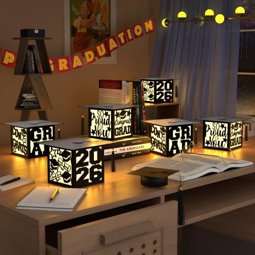6 Pcs Graduation Table Centerpieces Boxes Class of 2026 Black Square Graduation Paper Lanterns with String Lights Hollow Out for Congrats Grad School College Table Decorations Grad Party Photo Props
