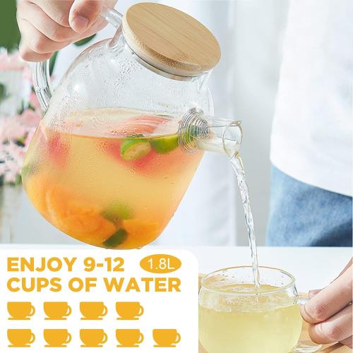 Glass Tea Pot Kettles Stovetop Safe, 60.8oz/1800mL Heatproof Borosilicate Glass Teapot Water Pitcher With Bamboo Lid and Removable Filter Spout for Loose Leaf and Blooming Tea