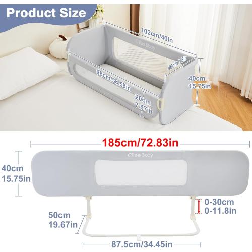 GREY Ciilee Baby Bed Rail for Toddlers Extra Large 72.83 L Kids Rails Guard for Twin, Full, Queen, King Bed Adjustable Children Side Railing Safety Bedrail Foldable Barandas para Camas de Niños (Grey