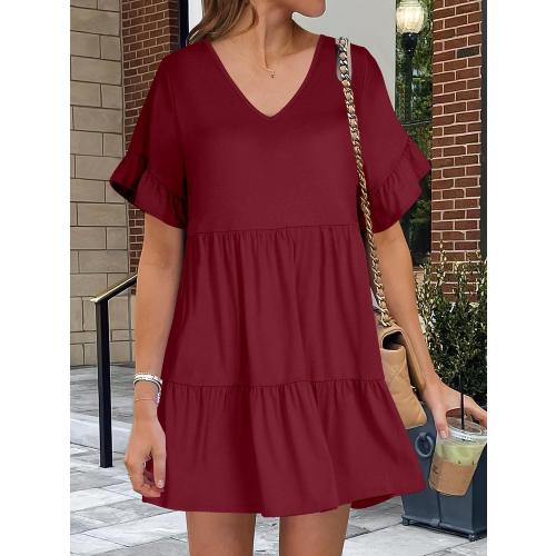Size M ANRABESS Dresses for Women Summer 2026 V Neck Ruffle Sleeve A Line Tiered Flowy Casual Trendy Mini Beach Dress with Pockets