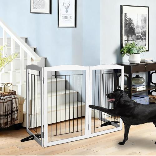 ZJSF Freestanding Dog Fence Indoor, Foldable Dog Gate for Doorways, Stairs or Hallways, Sturdy Wood Extra Wide Pet Gate with Support Feet for The House, White, 32 Height-2 Panels