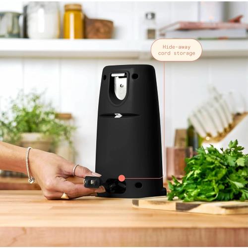 Automatic Electric Can Opener for Countertop, One-Touch Operation with Stainless Steel Blade, Magnetic Lid Lifter, Built-in Knife Sharpener & Bottle Opener, Heavy-Duty Design (Black Sesame)