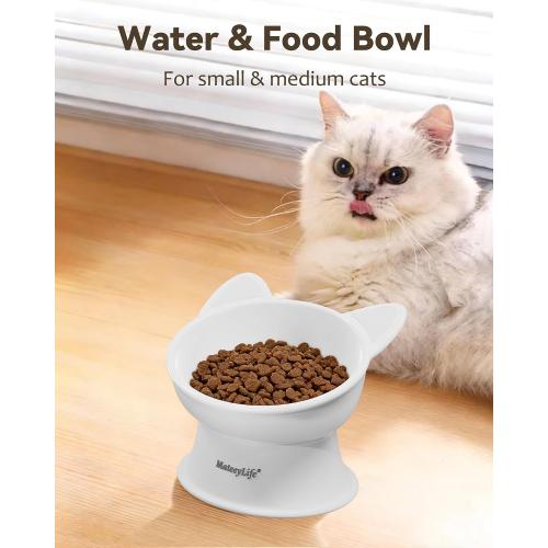 MateeyLife Raised Cat Bowls, Cat Food Bowl Elevated for Kittens & Small Dogs, 15°Tilted Protect Pets' Neck and Anti Vomiting, Whisker Friendly Food & Water Feeding Bowl, 6 oz Each - White