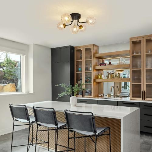 Semi Flush Mount Ceiling Light Black 5-Lights Sputnik Ceiling Light Mid Century Modern Clear Glass Globe Close to Ceiling Light for Bedroom Kitchen Entryway Closet