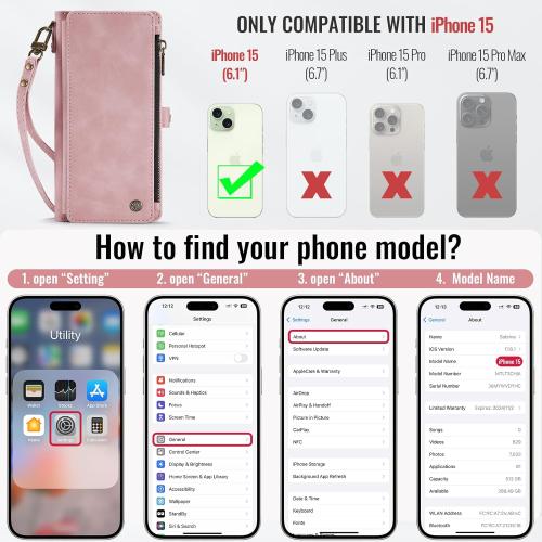Defencase Compatible with iPhone 15 Case Wallet with RFID Blocking Card Holder for Women and Men, Fashion PU Leather Magnetic Snap Flip Zipper Strap Wallet Phone Case Fit for iPhone 15 6.1, Rose Pink