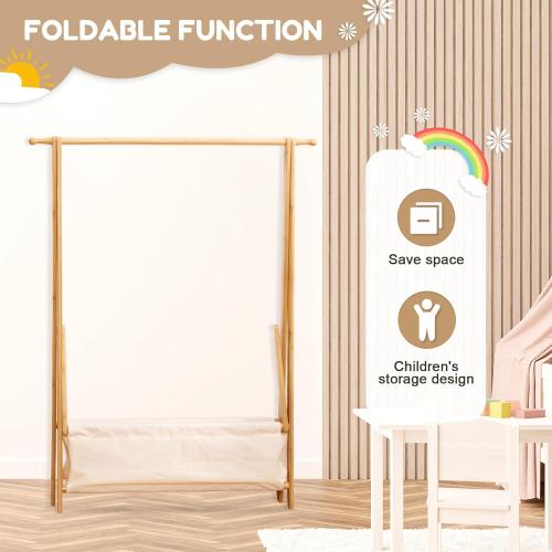 Kids Clothing Rack with Storage Box, Dress up Holder, Child Garment Stand with Hanging Rods, Small and Foldable, Bamboo (Natural)