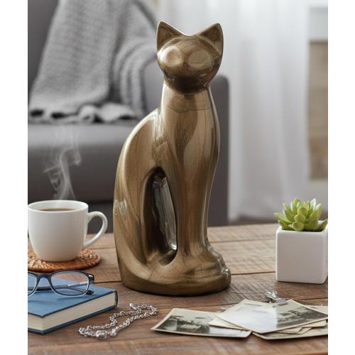 eSplanade Metal Cremation Urn Memorial Jar Pot Container | Full Size Urn for Funeral Ashes Burial | Cat/Kitten Shape Metal Urn | Brown - 9 Inches