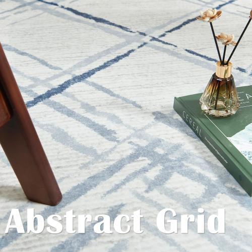 jinchan 6x9 Area Rug, Washable Abstract Geometric Grid Rug, Non-Slip Thin Accent Carpet for Entryway, Kitchen, Bathroom, Bedroom, Blue Lines