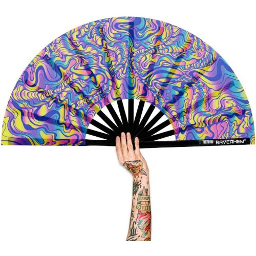 UV Glow Rave Fan, Bamboo Folding Clack Hand Fans Foldable for Men Women, Boots on the Ground Poping Fan for EDM Festival Line Dance Decoration, (Waves-2, Medium 11)