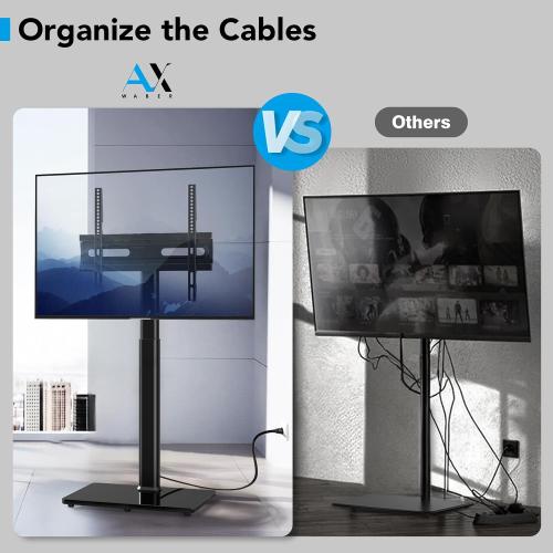 AX WABER Floor TV Stand with Power Outlet, Universal TV Stand Mount for 27-65 inch TV up to 88lbs, 70 Degree Swivel 9 Level Height Adjustable with Tempered Glass Base for Bedroom, Office Black