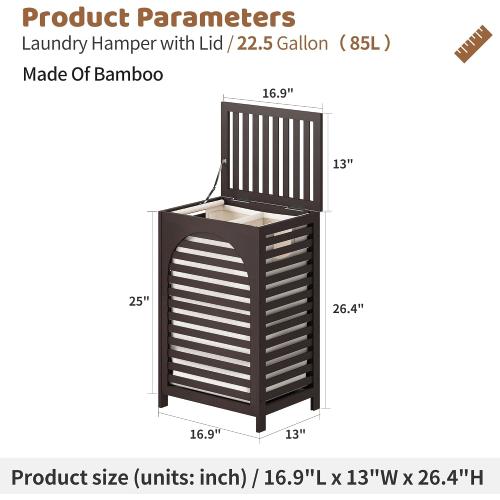 Laundry Hamper with Lid (16.9 * 13 * 26.5inches) Large Bamboo Laundry Bin Basket 85L Clothes Hamper with 1 Removable Bag Storage baskets for Bathroom(Brown)