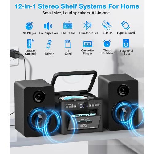 Black Greadio Stereo System for Home with Boombox CD and Cassette Player Combo, 40W Home Stereo System with Bluetooth, FM Radio/USB/TF/AUX/Remote Control, Detachable Wooden Bookshelf Speakers