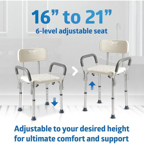 Medline Shower Chair with Backrest and Padded Armrests - 350 lb. capacity, Bath Bench, Seat, Stool for Independent Adult, Seniors, Elderly & Disabled Patients