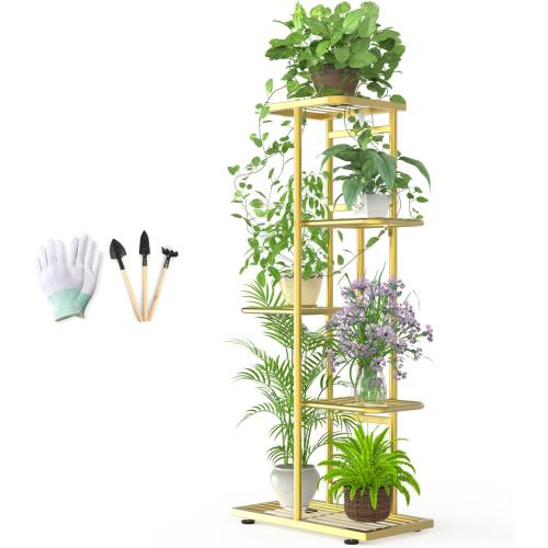 5 Tier 6 Potted Gold Plant Stand Indoor Outdoor with Gardening Tools and Gloves, Upgraded Corner Metal Plant Rack Units Shelf for Multiple Plants, Flower Pot Holder Display for Patio, Balcony, Living