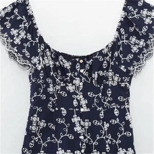 Women'S Slim Fit Square Neck Sleeveless Slim Fit Embroidered Split Midi Dress