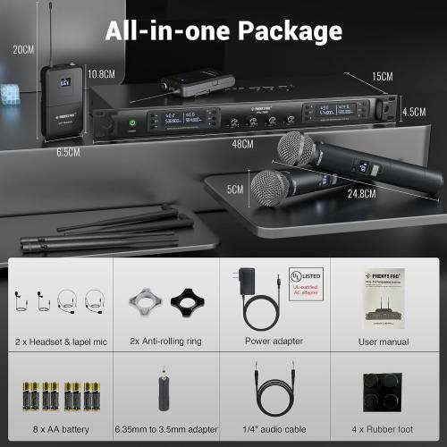 Phenyx Pro 4-Channel Wireless Microphone System w/Auto Scan, 4x40 UHF Frequencies, 2 Handheld Dynamic Mics, 2 Bodypacks & Headsets/Lapel Microphones for Singing, DJ, Church (PTU-7000-2H2B)