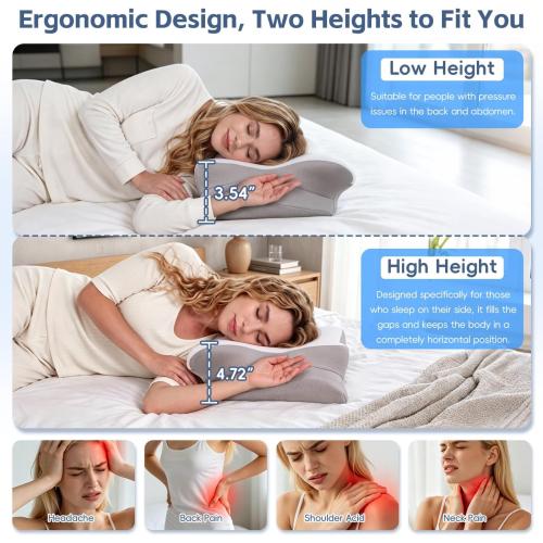 Cervical Neck Pillow, Memory Foam Pillows for Neck and Shoulder Pain Relief, 2 Heights Ergonomic Pillow with Breathable Ice Silk Cover, Neck Support Pillow for Side Sleepers White