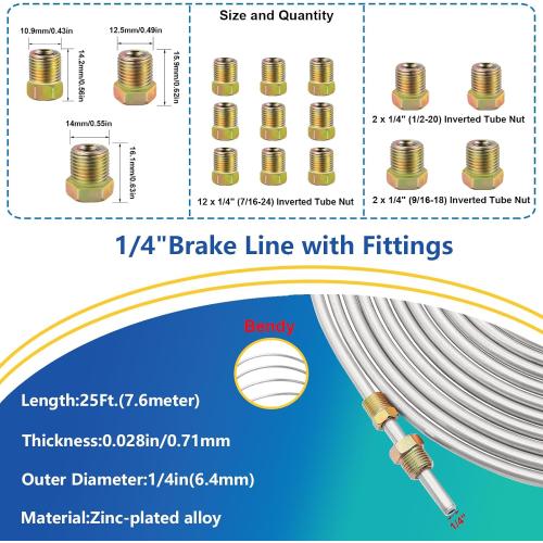 smseace 26Pack 1/4 Inch Brake line kit Includes 25FT Zinc-Plated Brake Lines with Fittings(16pcs Fittings,2pcs Union 4pcs Nut)，Brake line Bender，Single Flaring Tool，Pipe Cutter 1/4 Inch Brake Lines