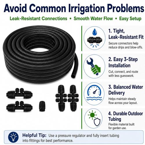 50 FT 1/2 Inch Drip Irrigation Tubing Kit:Premium Garden and Landscape Watering System-Drip Irrigation Hose with 2 Quick Connector 4-Way Connector,2 Quick Connector 6-Way Connector and Tube Cap