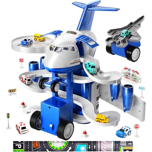 TEMI Kids Airplane Boy Toys for 3 4 5 Year Old Boys - Car Race Tracks for Kids Ages 3-5 with 8 Small Car Toys, Toddlers Educational Toy, Birthday Gifts for Boys 3-5, Birthday Gifts for Boys Girls 3-5