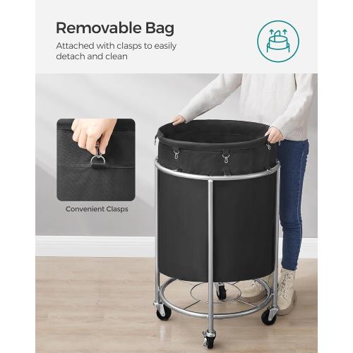 SONGMICS 50.2-Gallon (190 L) Laundry Basket with Wheels, Rolling Round Heavy-Duty Laundry Hamper Cart with Steel Frame and Removable Bag, 2 Locking Wheels, Ink Black and Metallic Silver URLS001B01