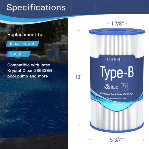 6-Pack Type B Pool Filter Cartridges, Compatible with Intex 29005E, Suitable for 2500 GPH Filter Pump for Above Ground Pools