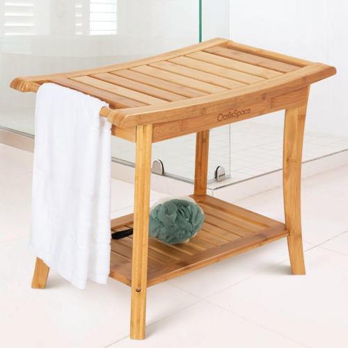 OasisSpace Bamboo Shower Bench, 24 Waterproof Shower Chair with Storage Shelf, Wood Spa Bath Organizer Seat Stool, Perfect for Indoor or Outdoor